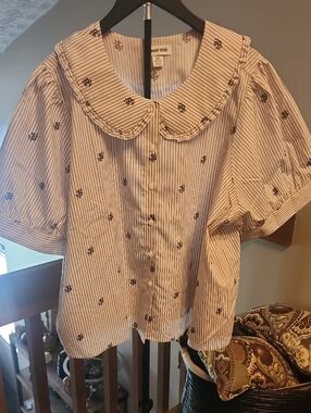 Lands' End Cream and Pink Striped Blouse with Floral Motif